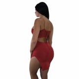 Summer Sexy Solid Color Red Pyrography Straps Irregular Split Dress