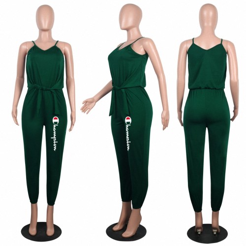 Casual Army Green Pyrography Spaghetti Strap V Neck Jumpsuit