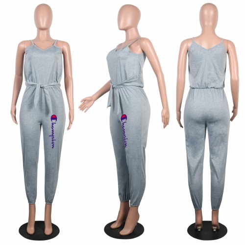 Casual Grey Pyrography Spaghetti Strap V Neck Jumpsuit