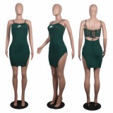 Summer Sexy Solid Color Army Green Pyrography Straps Irregular Split Dress