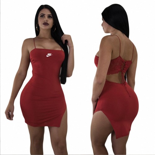 Summer Sexy Solid Color Red Pyrography Straps Irregular Split Dress