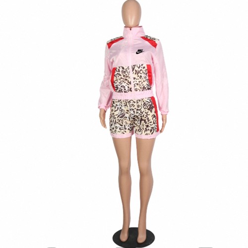 Fashion Pink Leopard Pyrography Contrast Color Stitching Pant Set Zipper Stand Collar Sports Two Piece Outfits