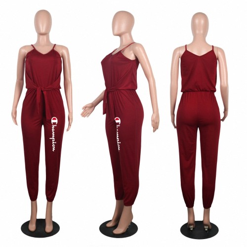 Casual Maroon Pyrography Spaghetti Strap V Neck Jumpsuit