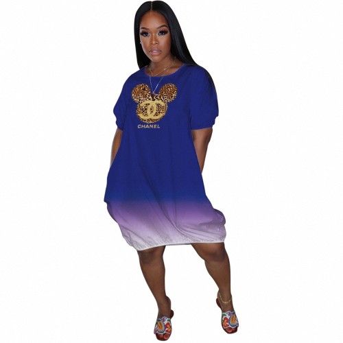 Women Blue Pyrography V-Neck Solid Dress Shirt Dresses Short Sleeve Mid-Length Beach Gradient Sundress