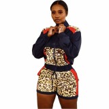 Fashion Dark Blue Leopard Pyrography Contrast Color Stitching Pant Set Zipper Stand Collar Sports Two Piece Outfits
