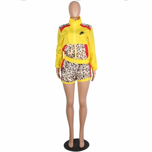 Fashion Yellow Leopard Pyrography Contrast Color Stitching Pant Set Zipper Stand Collar Sports Two Piece Outfits