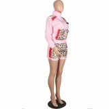 Fashion Pink Leopard Pyrography Contrast Color Stitching Pant Set Zipper Stand Collar Sports Two Piece Outfits