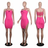 Summer Sexy Solid Color Rose Pyrography Straps Irregular Split Dress
