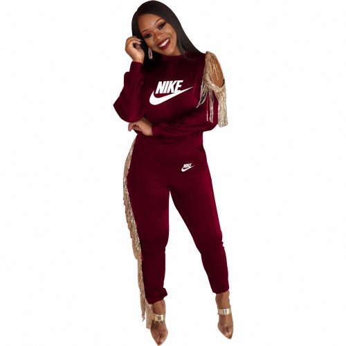 Spring Autumn Solid Color Maroon Pyrography Sequin Tassel Two Piece Pant Set