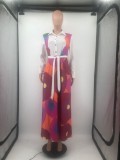 Women's Long Sleeve Turndown Neck Long Maxi Dress Loose African Floral Print A Line Skirt Dresses with Belt