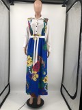 Women's Long Sleeve Turndown Neck Long Maxi Dress Loose African Floral Print A Line Skirt Dresses with Belt