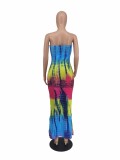 Summer Slit Tie Dye Print Sexy Strapless Long Dress