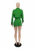 Solid Green Long Sleeve Cardigan + Bra Top + Split Mini Skirt 3 Piece Sets