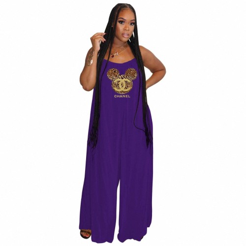 Sexy Solid Deep Purple Pyrography Letter Straps Wide Leg Jumpsuit