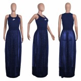 Dark Blue Patchwork Grenadine Pearl Fluffy Puffy Tulle Homecoming Party Maxi Dress