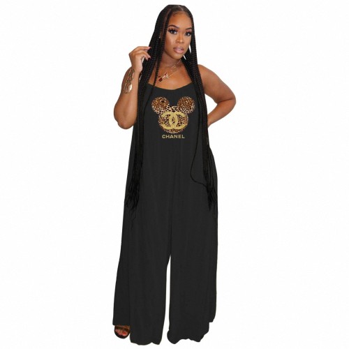 Sexy Solid Black Pyrography Letter Straps Wide Leg Jumpsuit