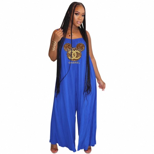 Sexy Solid Blue Pyrography Letter Straps Wide Leg Jumpsuit