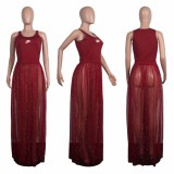 Maroon Patchwork Grenadine Pearl Fluffy Puffy Tulle Homecoming Party Maxi Dress