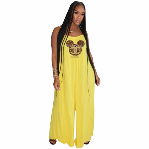 Sexy Solid Yellow Pyrography Letter Straps Wide Leg Jumpsuit