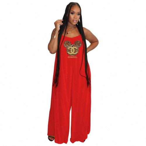 Sexy Solid Red Pyrography Letter Straps Wide Leg Jumpsuit