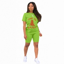 Women's Fluorescent Green Printed Crew Neck Casual Short Suit