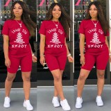 Women's Red Printed Crew Neck Casual Short Suit