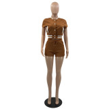 Solid Color Women's Brown Jacket Shorts Set Single-breasted Baseball Uniform Two Pieces