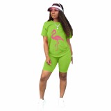 Casual Fluorescent Green Short Sleeves T shirts And Tights 2 Piece Outfits For Girls