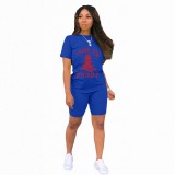 Women's Blue Printed Crew Neck Casual Short Suit