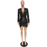Solid Color Black Lapel Long Sleeve Stretch Plunge Faux-Leather Dress