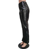 High Waist Stretch Split Hem Leather Pants