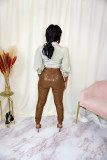 Solid Color Coffee Women Wrinkle PU Leather Sexy Shiny Pants