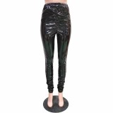 Solid Color Black Women Wrinkle PU Leather Sexy Shiny Pants