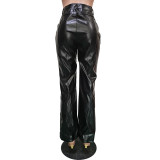 High Waist Stretch Split Hem Leather Pants