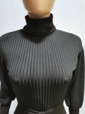 Black Ribbed Turtleneck Long Sleeve Sashes Midi Dress with Belted