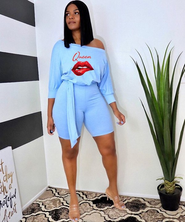 Light Blue Summer Chic Casual Homewear One Word Collar Print Lace Up One Piece Playsuits