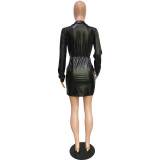 Solid Color Black Lapel Long Sleeve Stretch Plunge Faux-Leather Dress