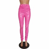 Solid Color Pink Women Wrinkle PU Leather Sexy Shiny Pants