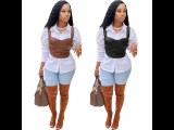 Casual Solid Brown PU Leather Vest Square Collar Tops Without Shirt