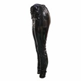 Solid Color Black Women Wrinkle PU Leather Sexy Shiny Pants