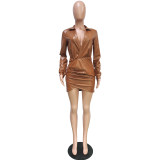 Solid Color Brown Lapel Long Sleeve Stretch Plunge Faux-Leather Dress
