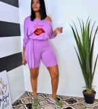 Purple Summer Chic Casual Homewear One Word Collar Print Lace Up One Piece Playsuits