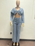 Stitching Fringed Denim Long Sleeve Crop Top Trousers 3 Piece Set with Head Scarf