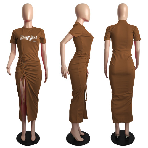Casual Coffee Pyrography Drawstring Stacked Short Sleeve Maxi Dress