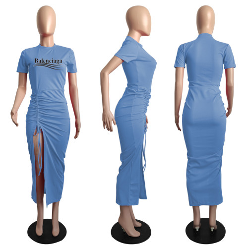 Casual Blue Pyrography Drawstring Stacked Short Sleeve Maxi Dress