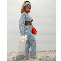 Stitching Fringed Denim Long Sleeve Crop Top Trousers 3 Piece Set with Head Scarf