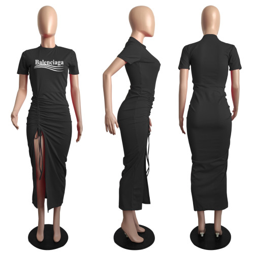 Casual Black Pyrography Drawstring Stacked Short Sleeve Maxi Dress