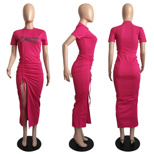 Casual Rose Pyrography Drawstring Stacked Short Sleeve Maxi Dress