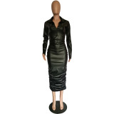 Solid Black Long Sleeve Stacked PU Zipper Chic Wrinkled Mid-length Dress