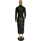 Solid Black Long Sleeve Stacked PU Zipper Chic Wrinkled Mid-length Dress